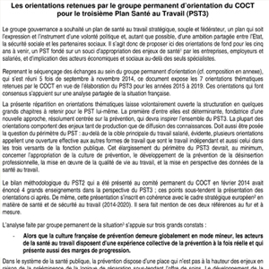 Les orientations retenues par le groupe permanent d’orientation du COCT pour le troisième Plan Santé au Travail (PST3) COCT-PST3