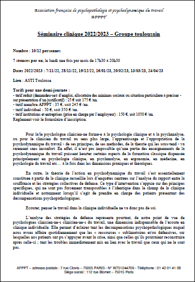 Association française de psychopathologie et psychodynamique du travail : séminaire clinique 2022/2023 – Groupe toulousain