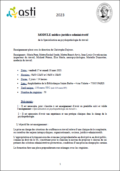 Module médico-juridico-administratif de la spécialisation en psychopathologie du travail - 2023