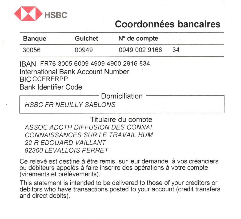 Relevé d'identité bancaire de l'association