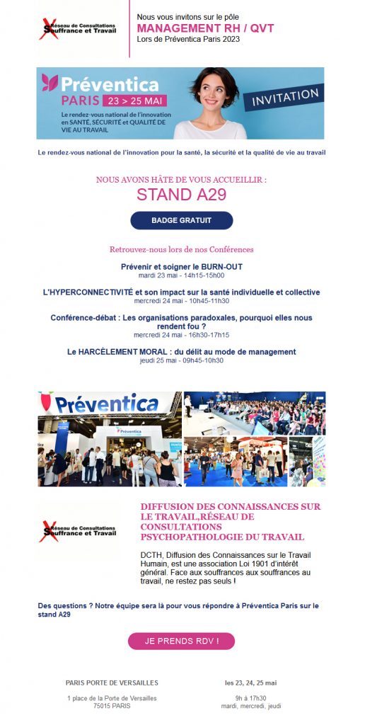 Salon Préventica Paris 2023 : 23, 24, 25 mai - Stand Souffrance & Travail et conférences 