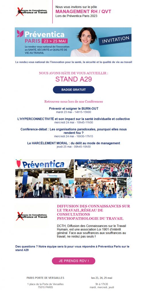 [SALON] Préventica Paris 2023 : 23, 24, 25 mai - Stand Souffrance & Travail et conférences 