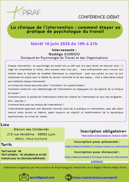 [CONFÉRENCE / DÉBAT à Lyon] La clinique de l'intervention : comment étayer sa pratique de psychologue du travail