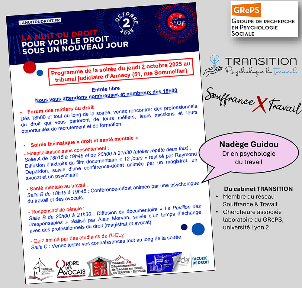 Santé mentale au travail : intervention de la psychologue du travail Nadège GUIDOU à Annecy le 2 octobre