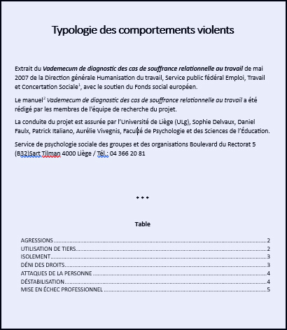 Document : Typologie des comportements violents au travail