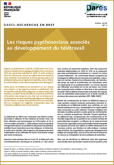 Les risques psychosociaux associés au développement du télétravail - Publication Recherche mars 2025