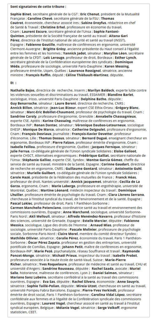 Signataires Les femmes ne sont pas des travailleurs comme les autres